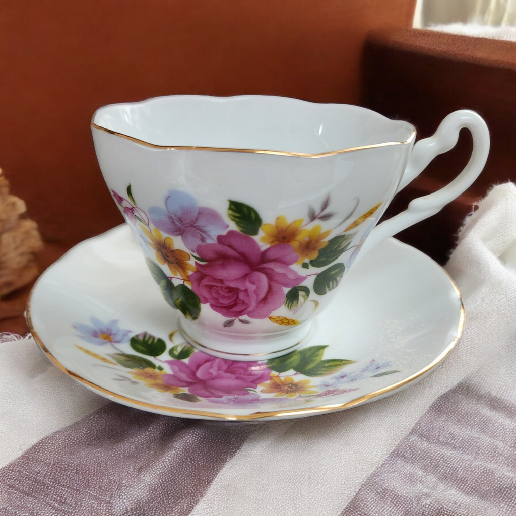 Pink Roses Floral Porcelain China Tea Cup and Saucer Set