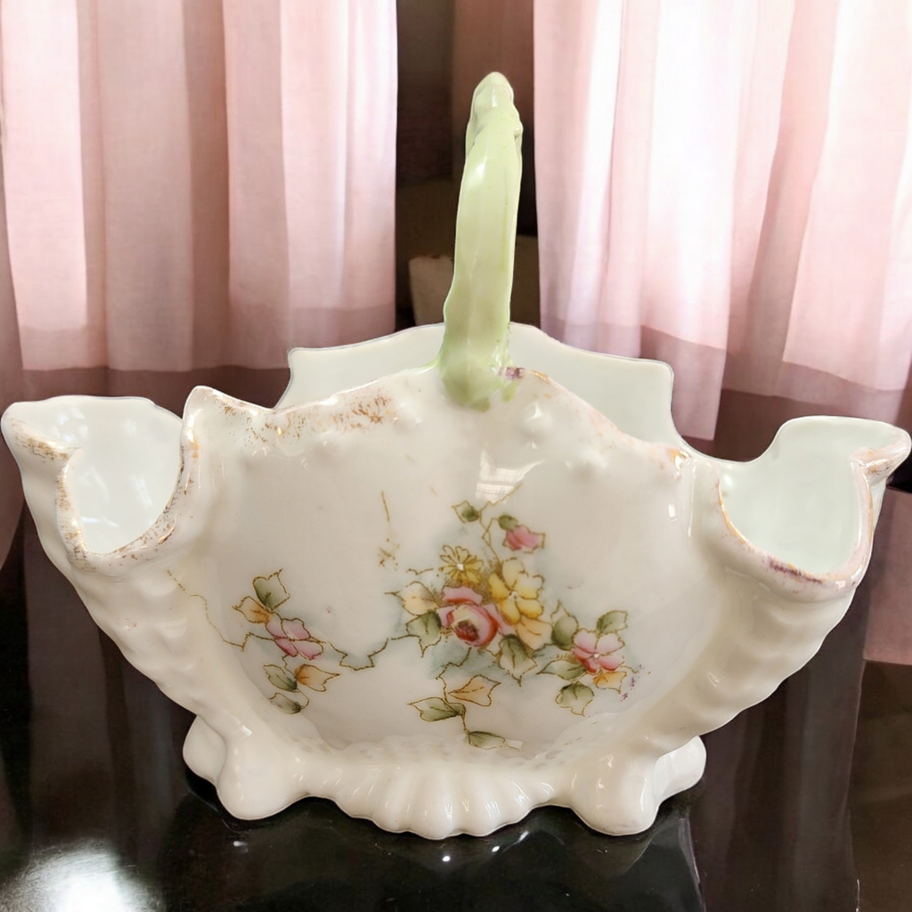 Porcelain Basket with Floral Design and Scalloped Rim