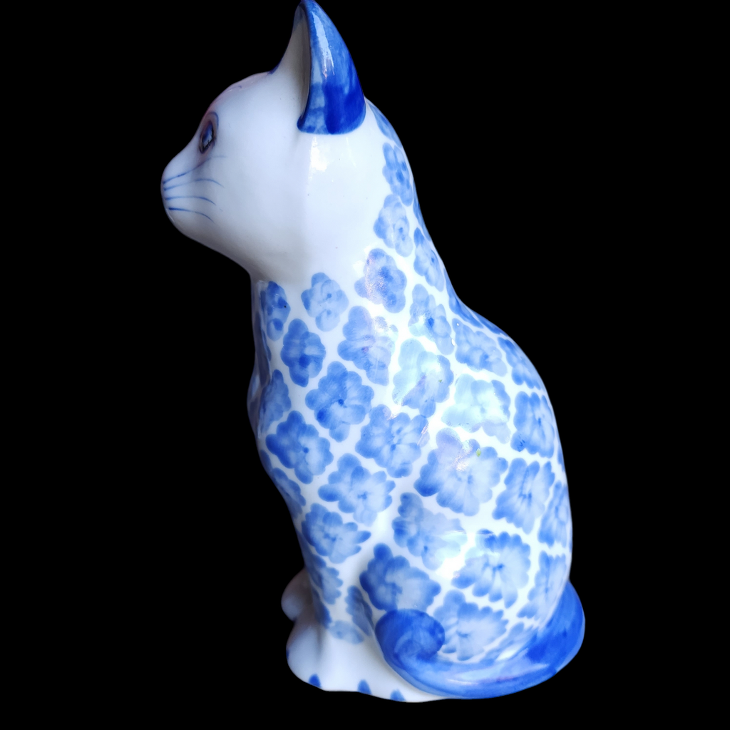 Porcelain Blue And White Hand Painted Sitting Cat Figurine