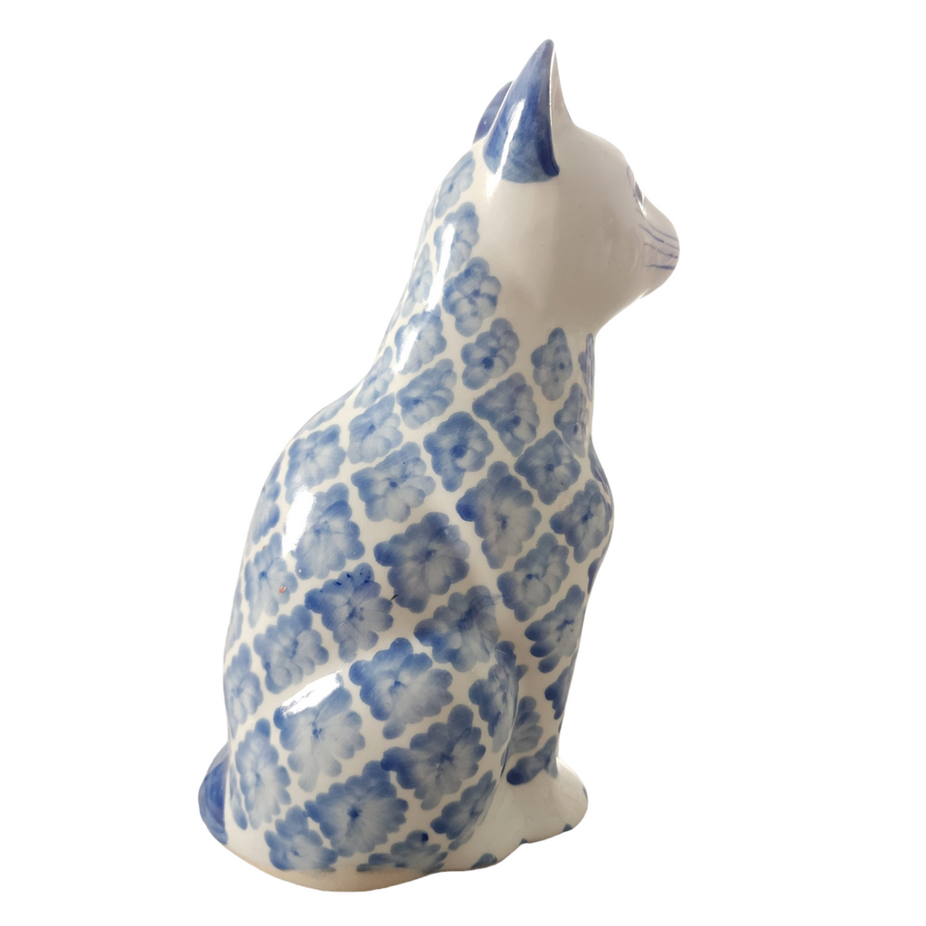 Porcelain Blue And White Hand Painted Sitting Cat Figurine
