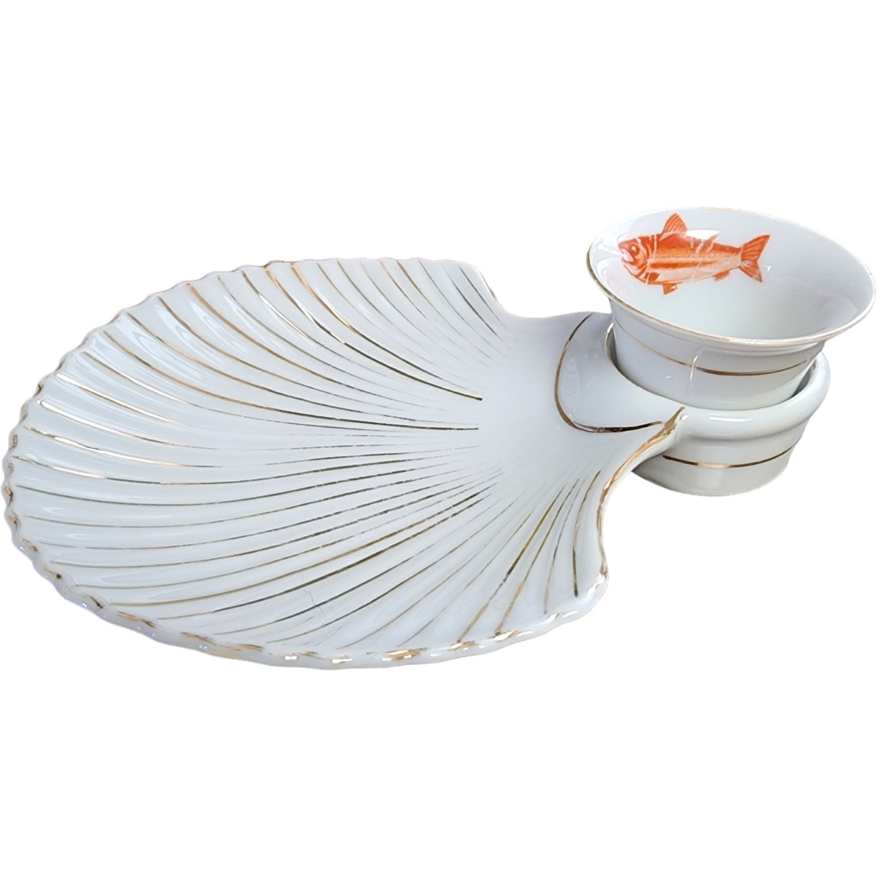 Royal Crown Porcelain Shell Shaped Appetizer Server with  Sauce Cup Ramekin