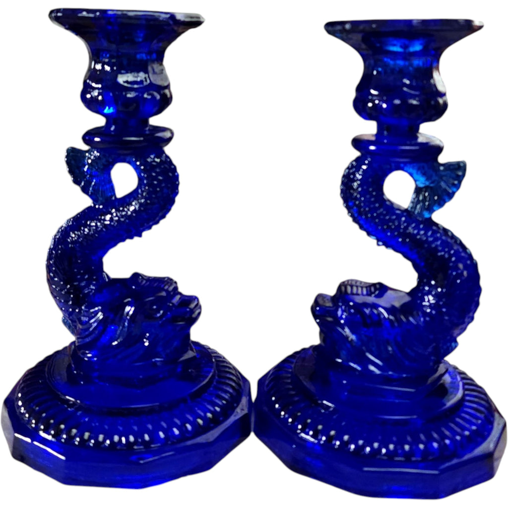 Portieux Vallerysthal Cobalt Blue Glass Koi Fish Candleholders Pair