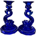 Portieux Vallerysthal Cobalt Blue Glass Koi Fish Candleholders Pair
