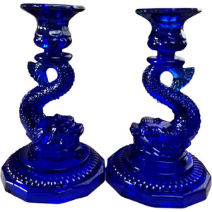 Portieux Vallerysthal Cobalt Blue Glass Koi Fish Candleholders Pair