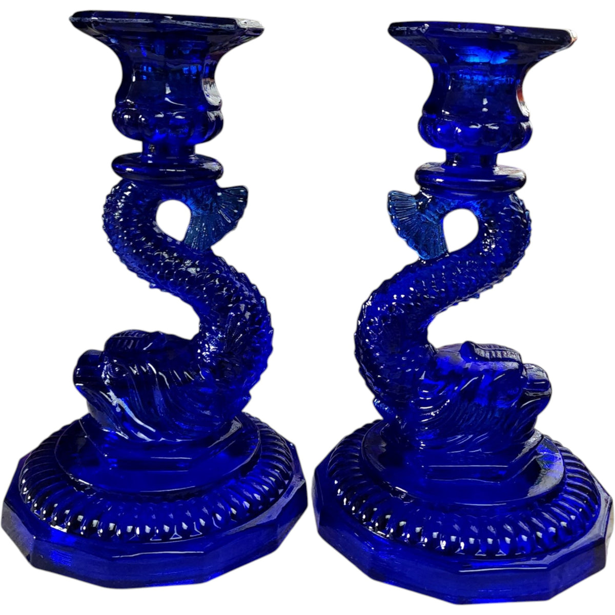 Portieux Vallerysthal Cobalt Blue Glass Koi Fish Candleholders Pair