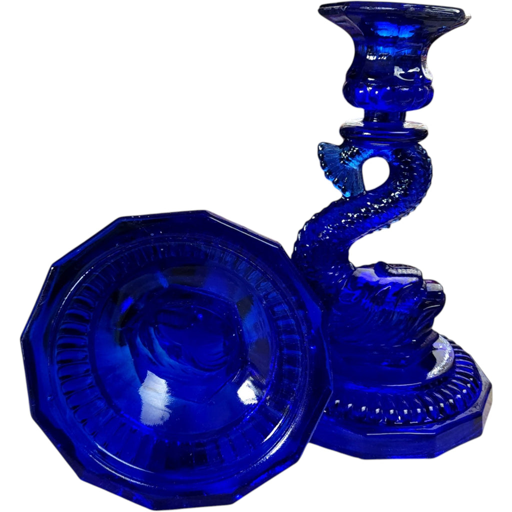 Portieux Vallerysthal Cobalt Blue Glass Koi Fish Candleholders Pair
