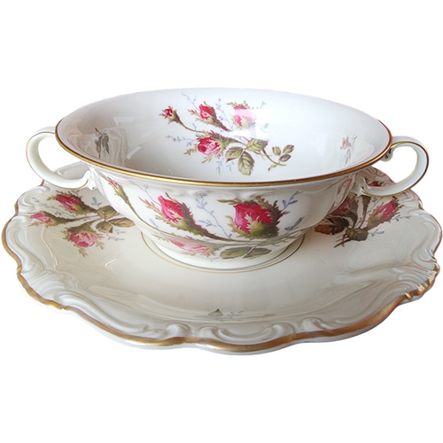 Rosenthal Pompadour Ivory Moss Rose Footed Cream Soup Bowl & Saucer Set