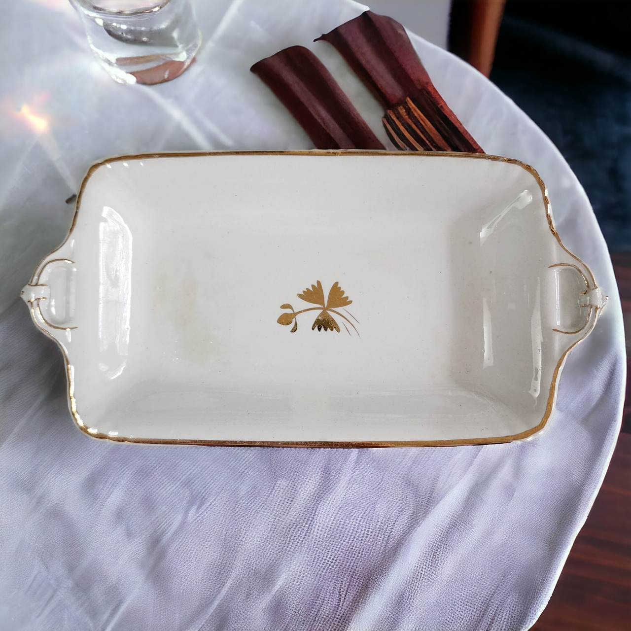 8" Powell Bishop & Stonier Royal Ironstone Tea Leaf Center And Gold Trim Farmhouse Butter Tray