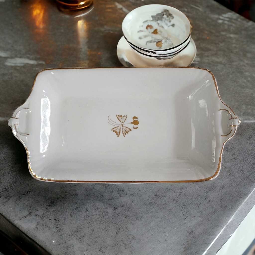 Powell Bishop & Stonier Royal Ironstone Tea Leaf Center And Gold Trim Farmhouse Butter Tray