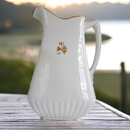 12" Powell Bishop & Stonier Royal Ironstone Tea Leaf Center And Trim Embossed Ribs Farmhouse Pitcher