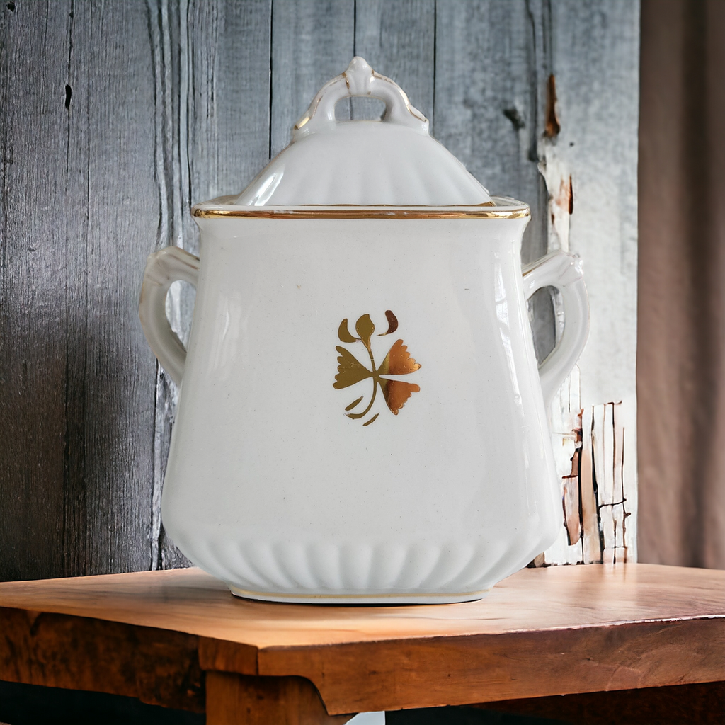 Powell Bishop & Stonier Royal Ironstone Tea Leaf Center And Gold Trim Farmhouse Sugar Bowl