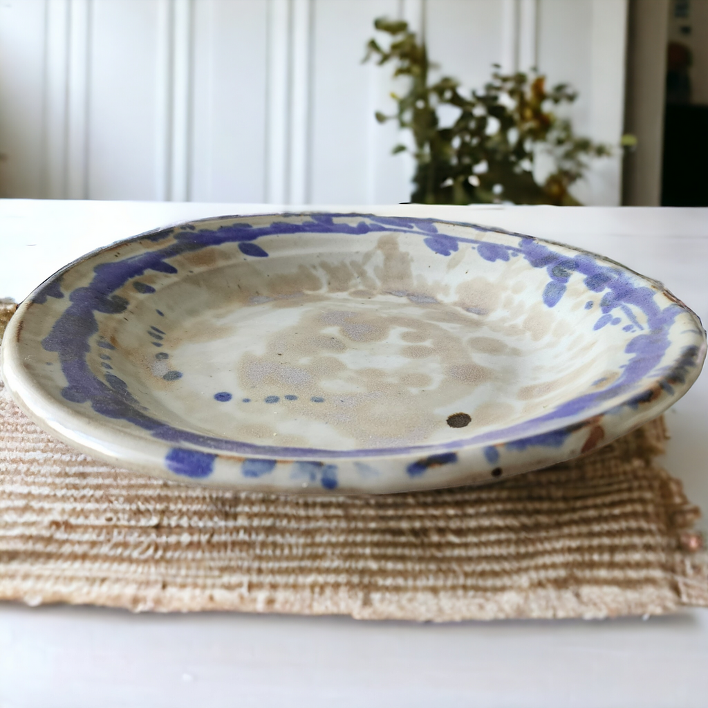 Primitive Harriet Spleth Bellows Pottery Blue and White Round Serving Platter Signed
