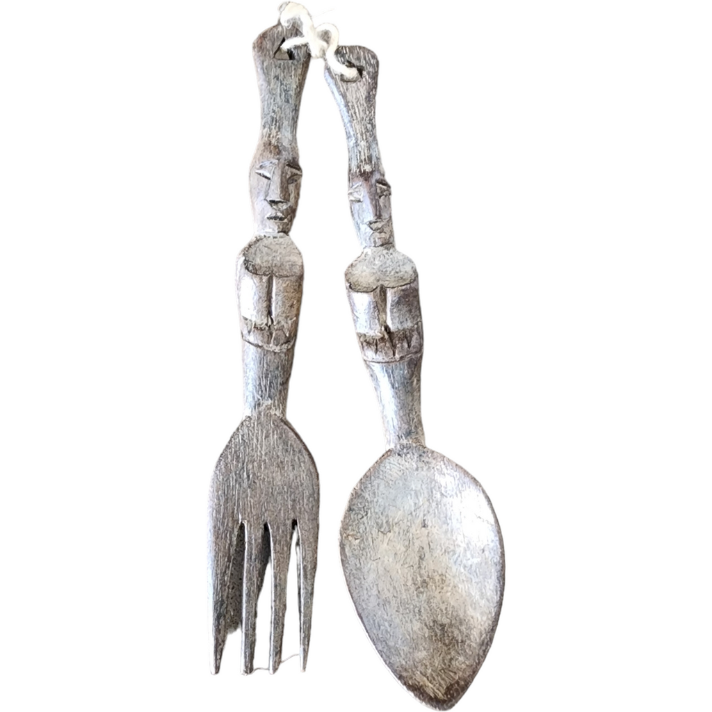 Primitive Tribal Carved Wood Fork and Spoon