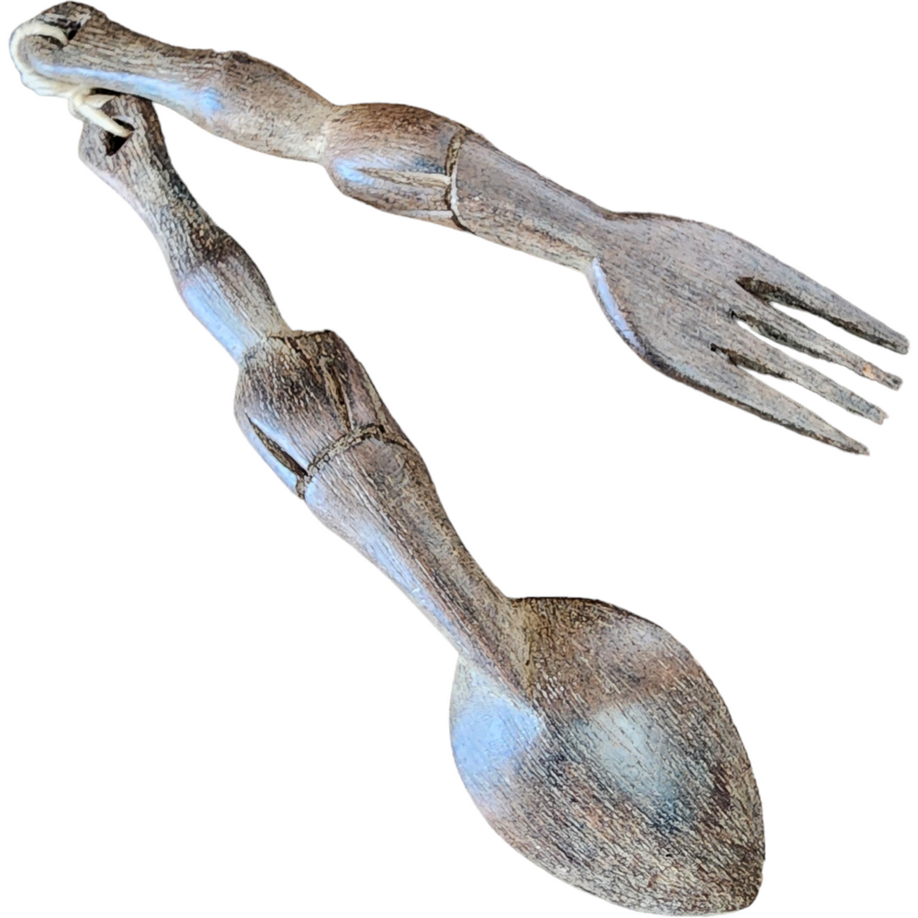 Primitive Tribal Carved Wood Fork and Spoon