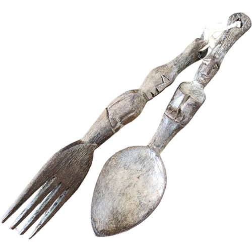 Primitive Tribal Carved Wood Fork and Spoon