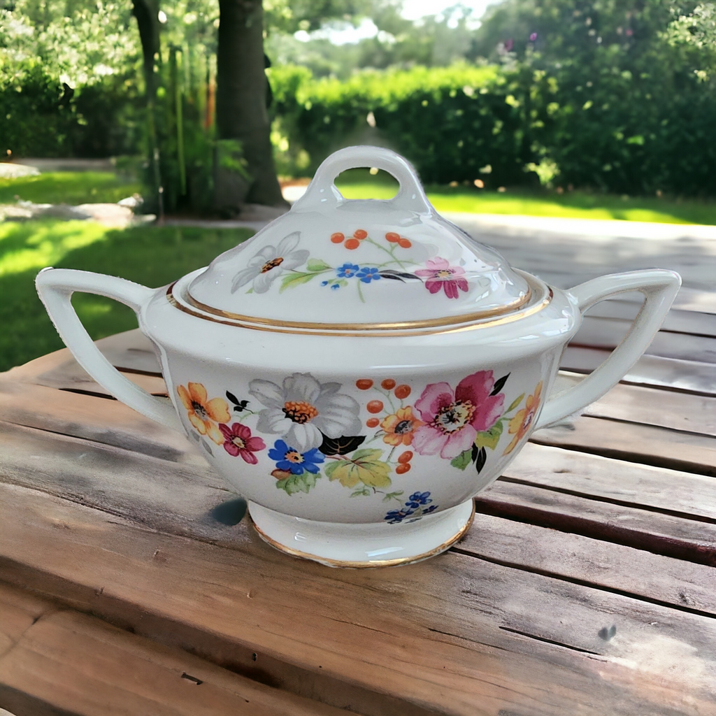 Princess Empcraft Florals Rim Gold Trim Porcelain Sugar Bowl & Lid