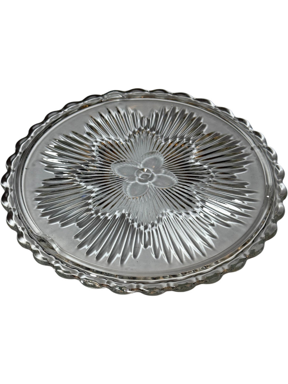 Princess House Heritage Clear Glass Pie Plate – 11” Round Scalloped Edge, Sunburst Floral Design – Vintage Bakeware