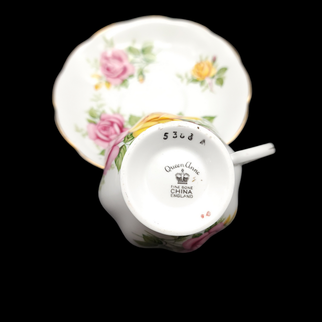 Queen Anne Roses Footed Cup & Saucer Set England