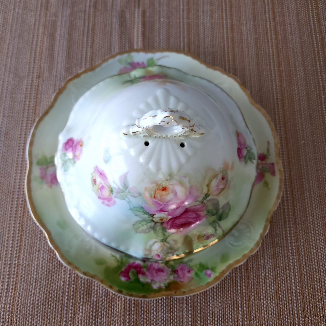 Schwarzburg Rudolstadt Straus & Söhne Porcelain Hand Painted Cottage Roses Dish Signed Piece