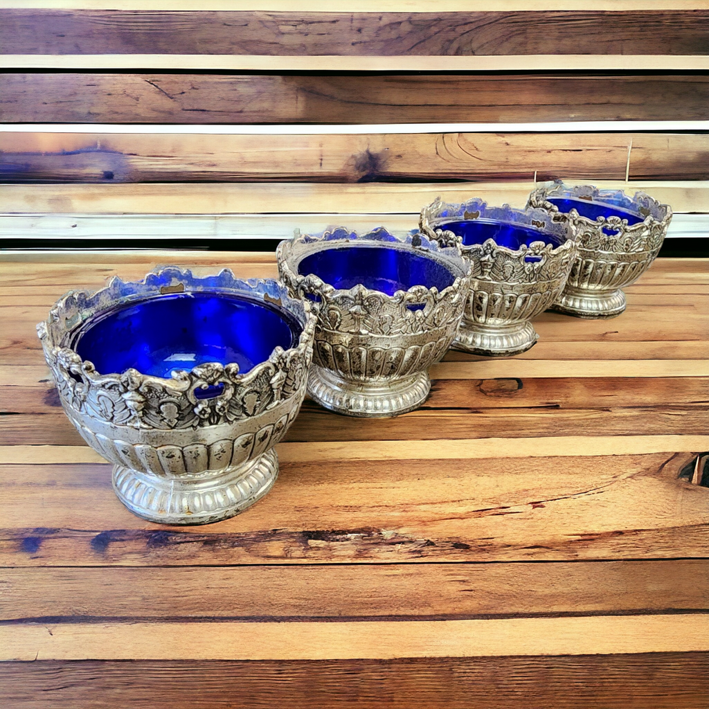 Raimond Silverplate Hollowware Individual Open Salt w/Cobalt Liner Set of 4
