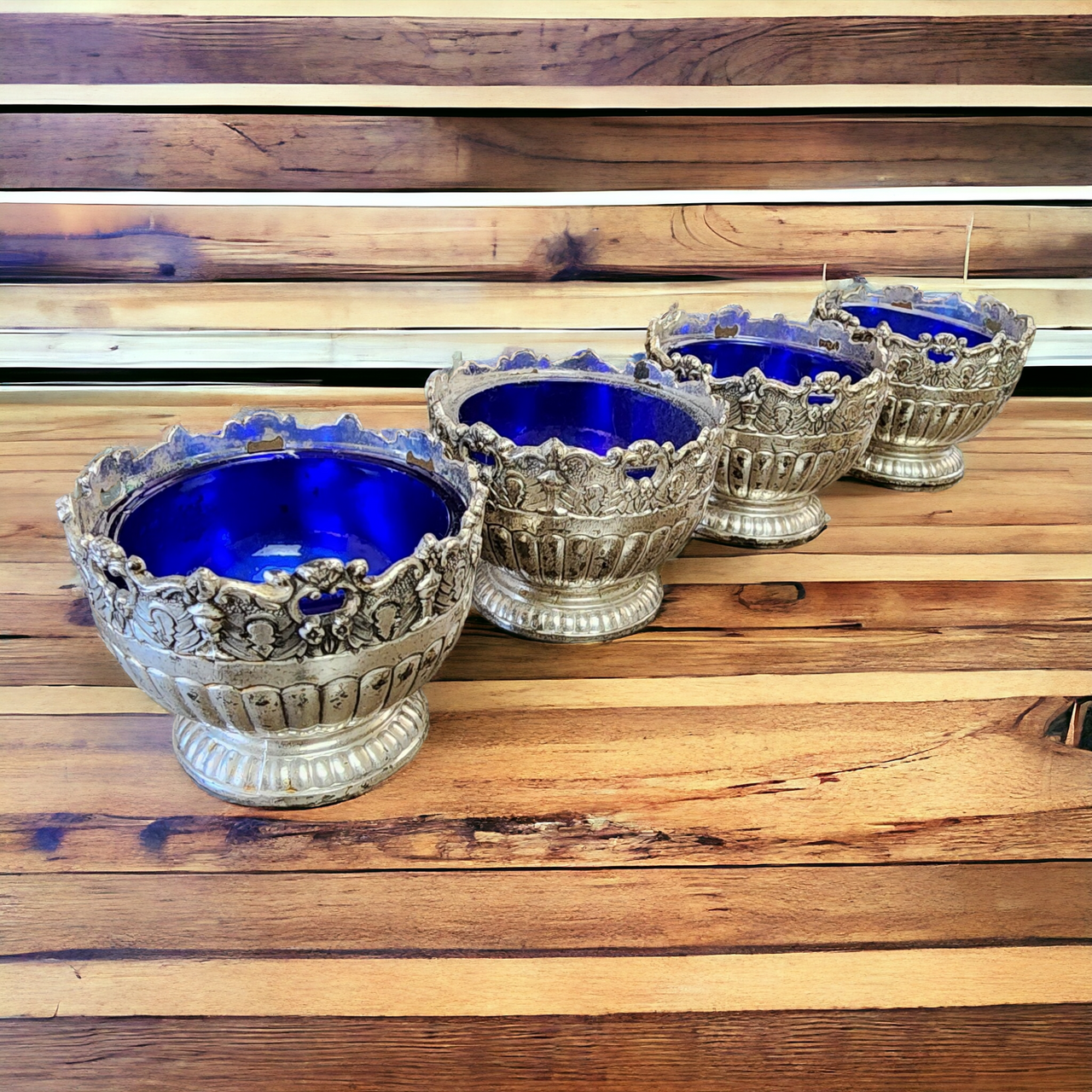 Raimond Silverplate Hollowware Individual Open Salt w/Cobalt Liner Set of 4