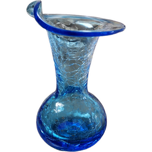 Rainbow Art Glass Blue Crackle Handblown Ruffle Top Mini Bud Vase