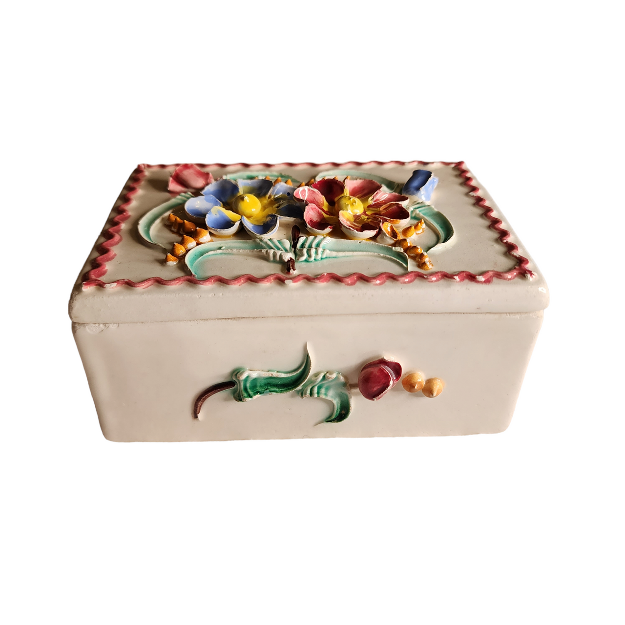 Porcelain Hand Painted Blue and Pink Flowers Trinket Jewelry Box with Lid Italy