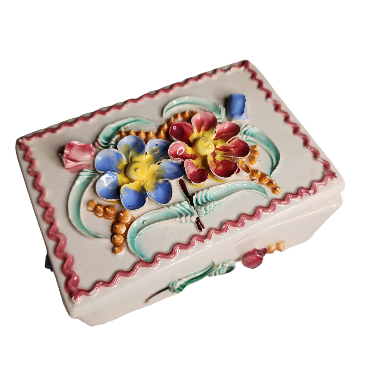 Porcelain Hand Painted Blue and Pink Flowers Trinket Jewelry Box with Lid Italy