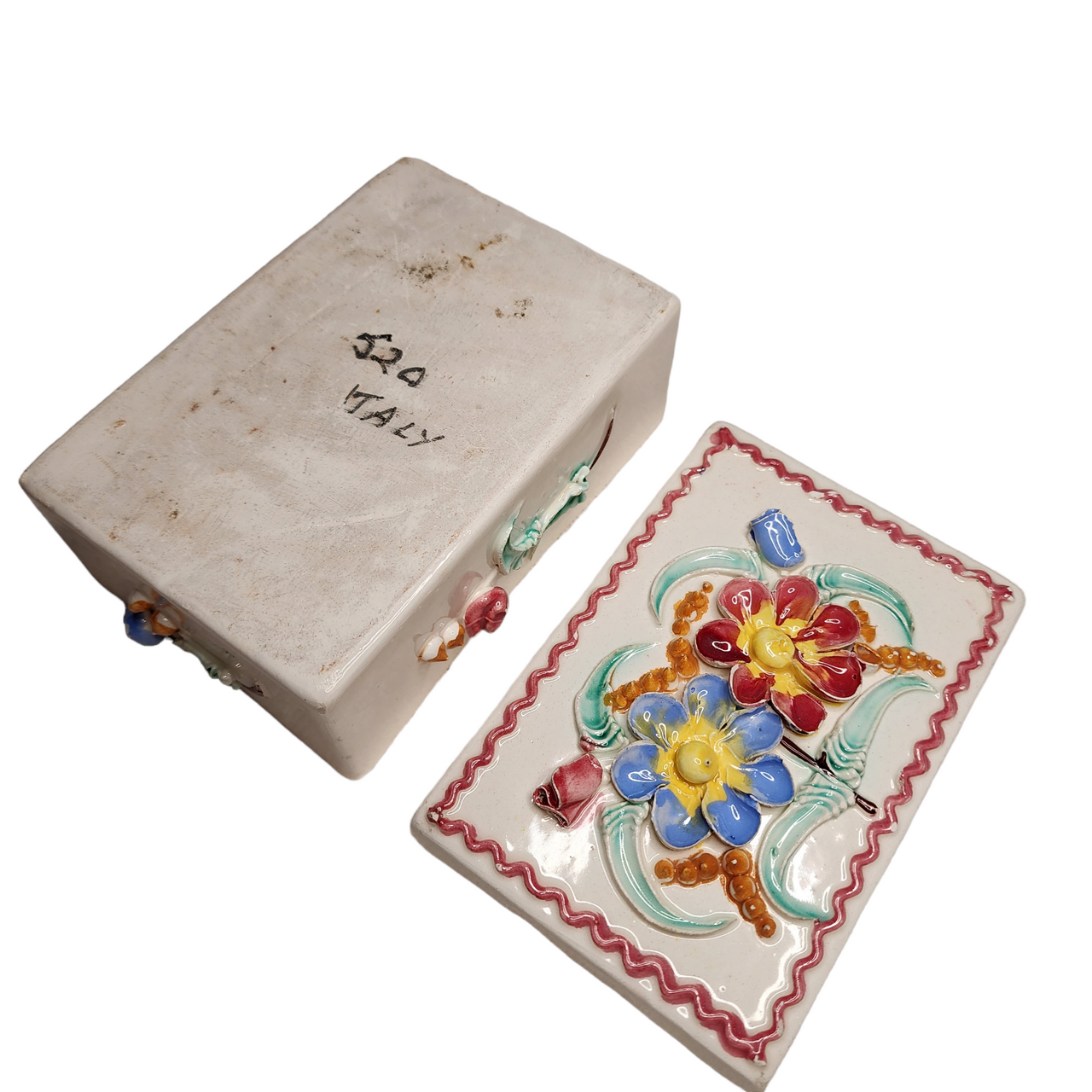 Porcelain Hand Painted Blue and Pink Flowers Trinket Jewelry Box with Lid Italy