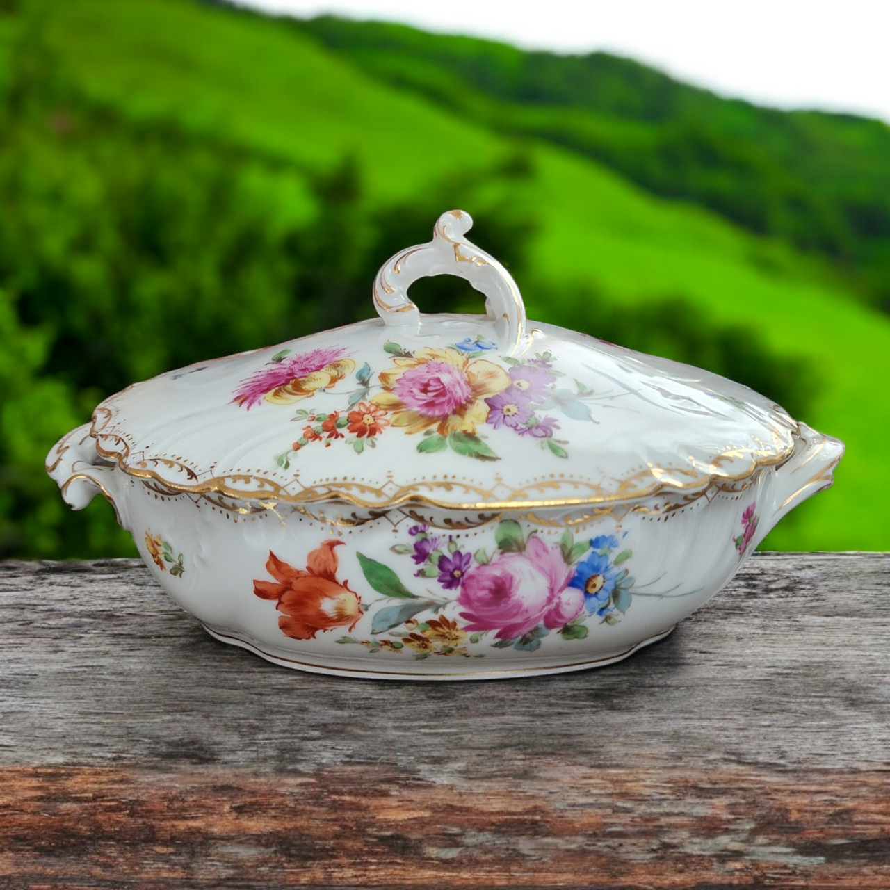Rauenstein Porcelain Multicolor Floral Gold Scrolls Oval Covered Vegetable Bowl