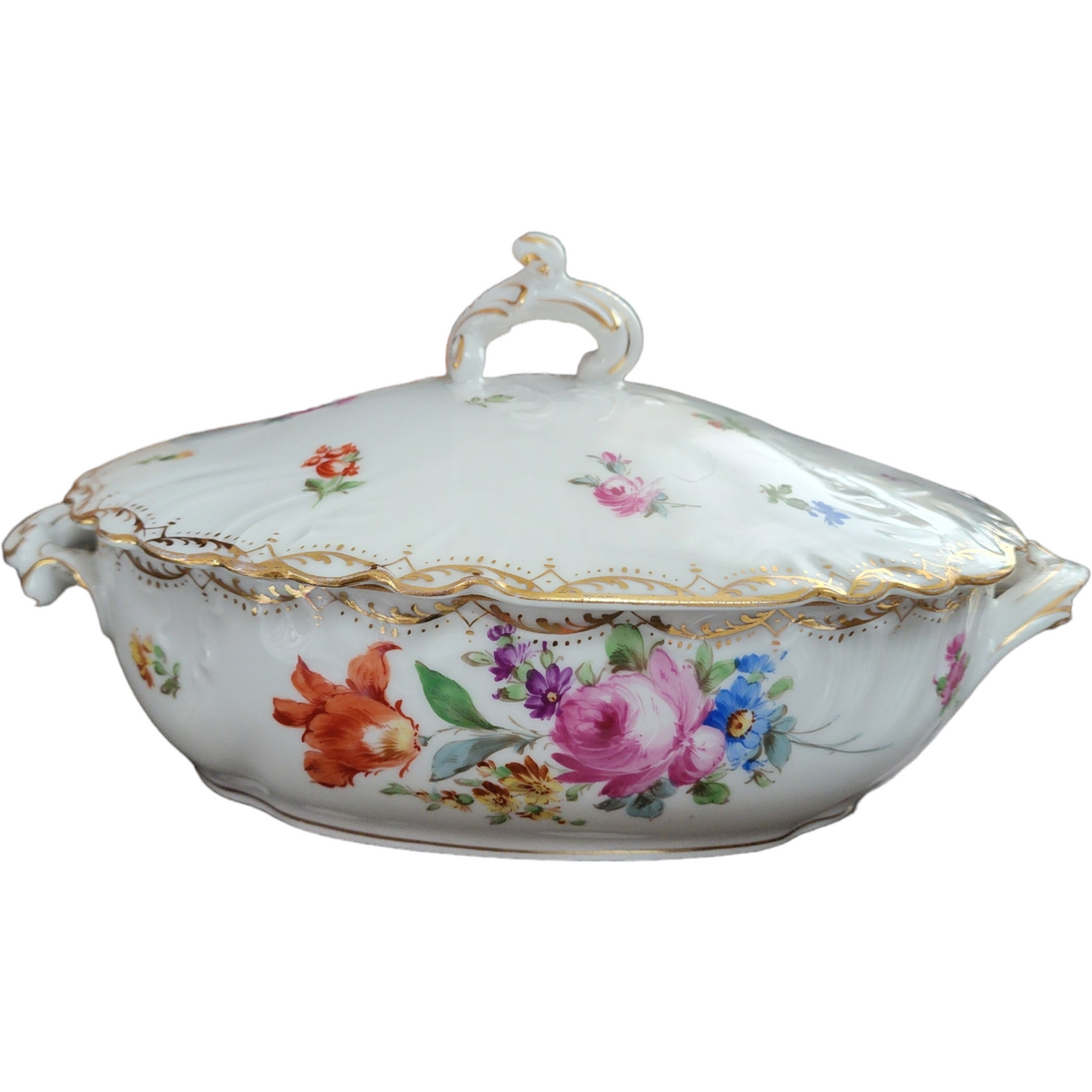 Rauenstein Porcelain Multicolor Floral Gold Scrolls Oval Covered Vegetable Bowl