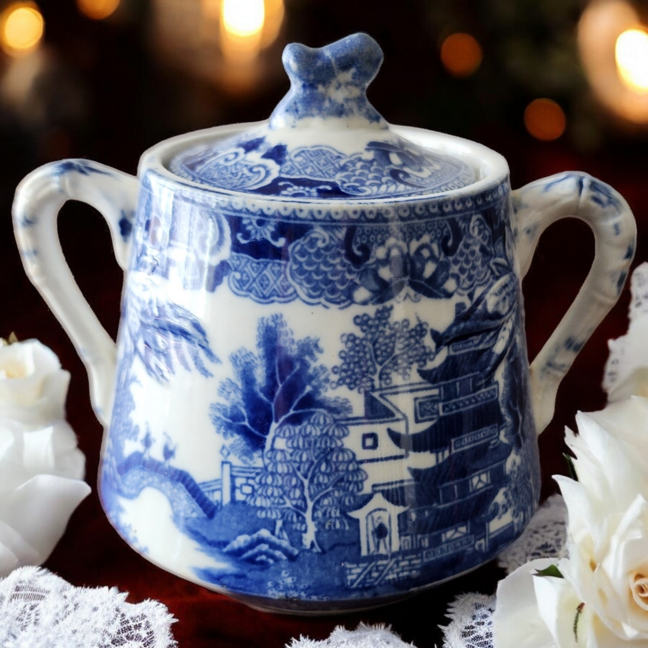 Ridway Pottery Semi China Blue Willow Sugar Bowl & Lid