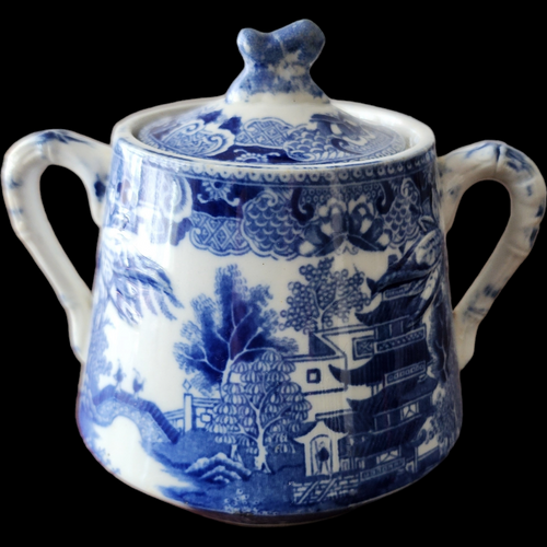 Ridway Pottery Semi China Blue Willow Sugar Bowl & Lid