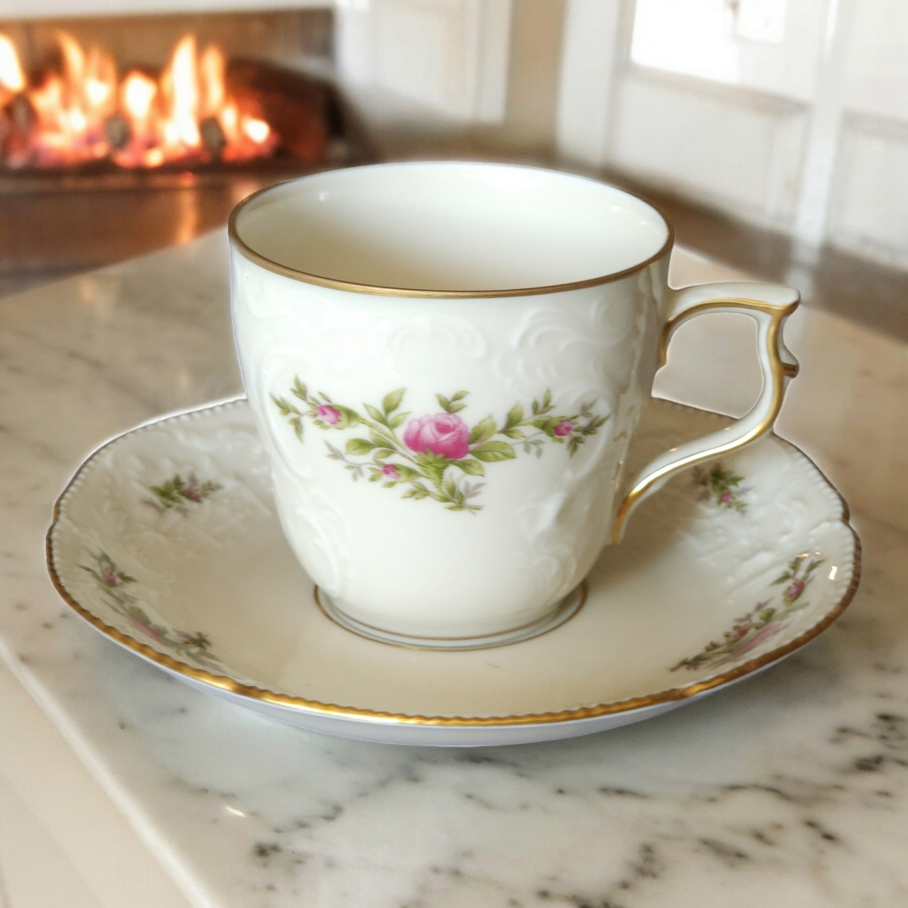 Rosenthal Continental Sanssouci Rose Ivory Gold Trim Flat Demitasse Cup & Saucer Set