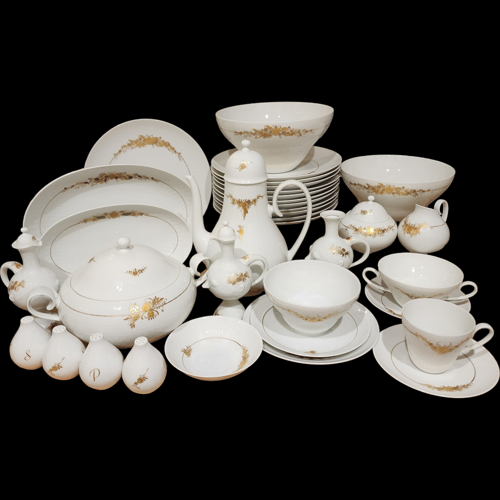 Rosenthal Germany Medley Porcelain Dinnerware & Coffee Set White with Gold Floral Design 60+ Piece Service for 6–12