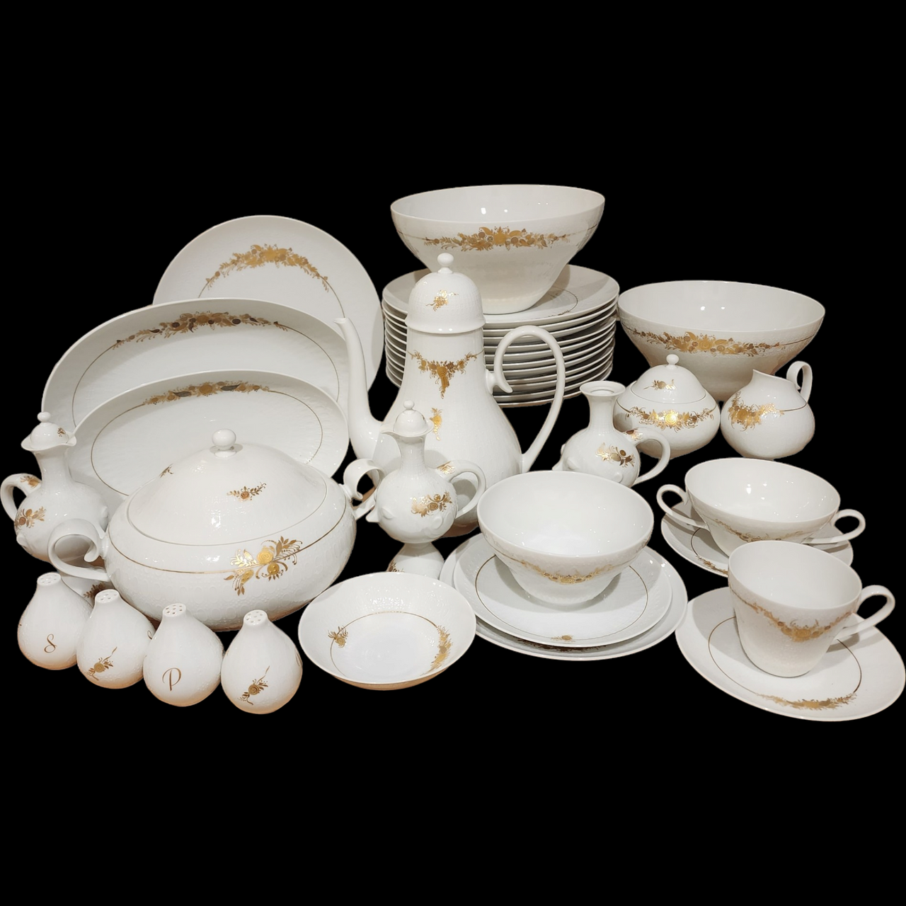 Rosenthal Germany Medley Porcelain Dinnerware & Coffee Set White with Gold Floral Design 60+ Piece Service for 6–12