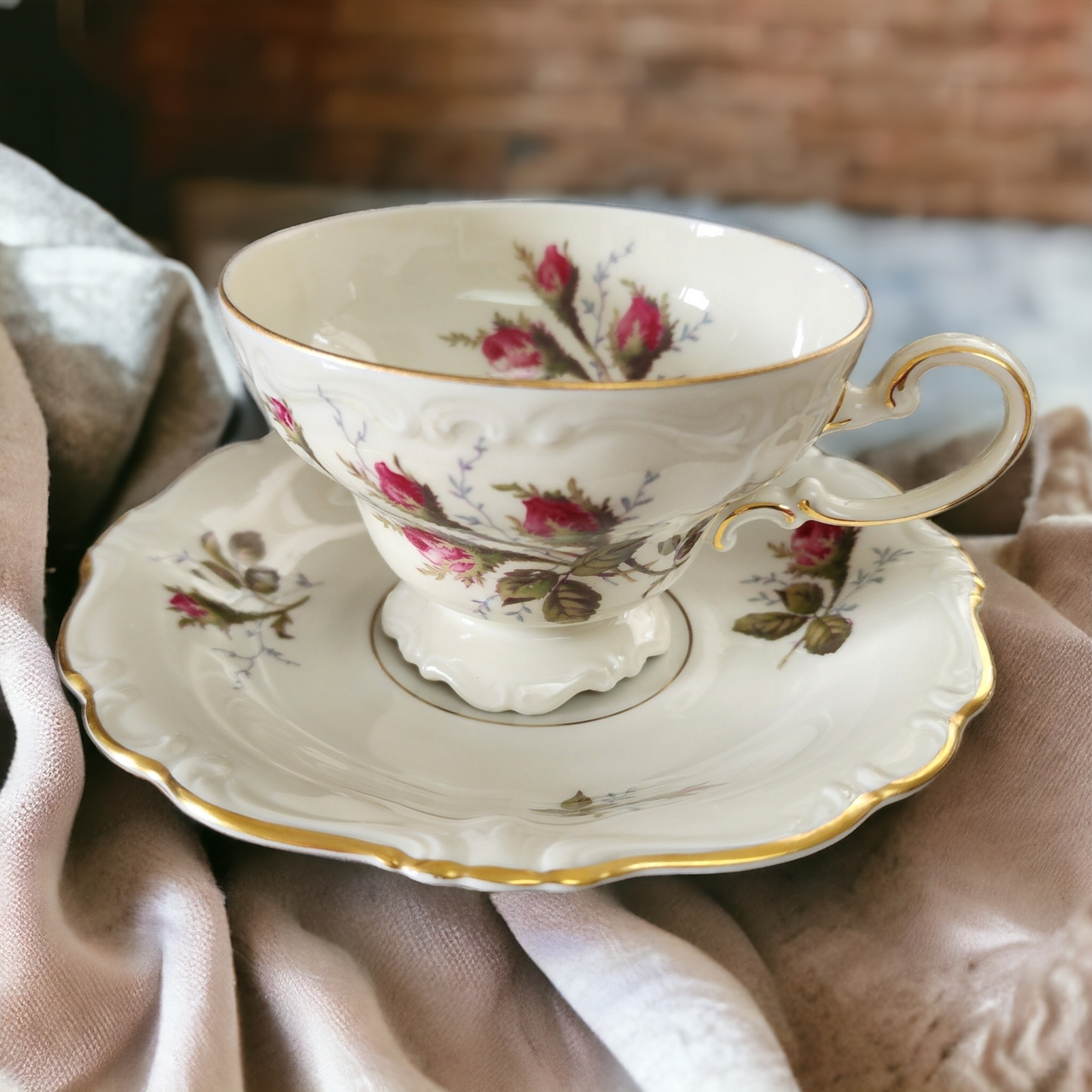 Rosenthal Pompadour Ivory Moss Rose Footed Cup & Saucer Set