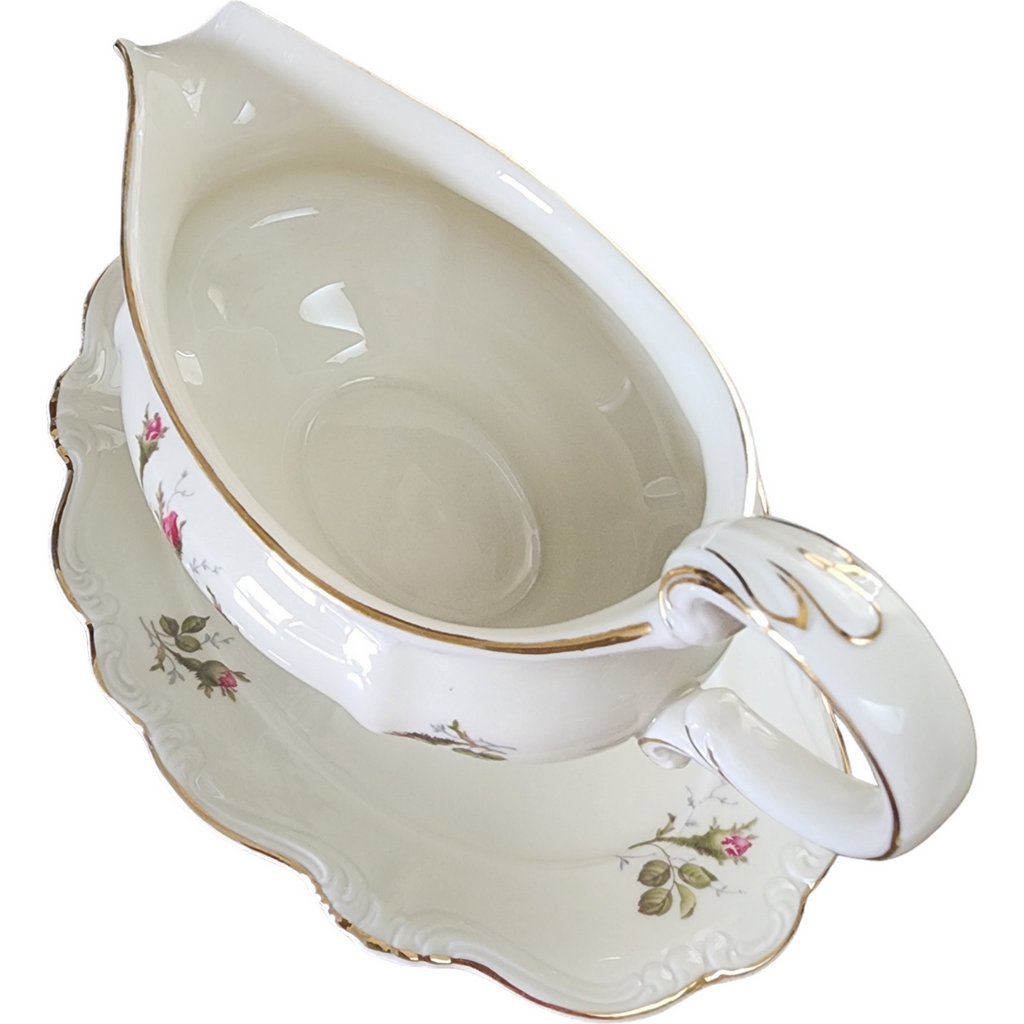 Rosenthal Pompadour Ivory Moss Rose Gravy Boat with Attached Underplate