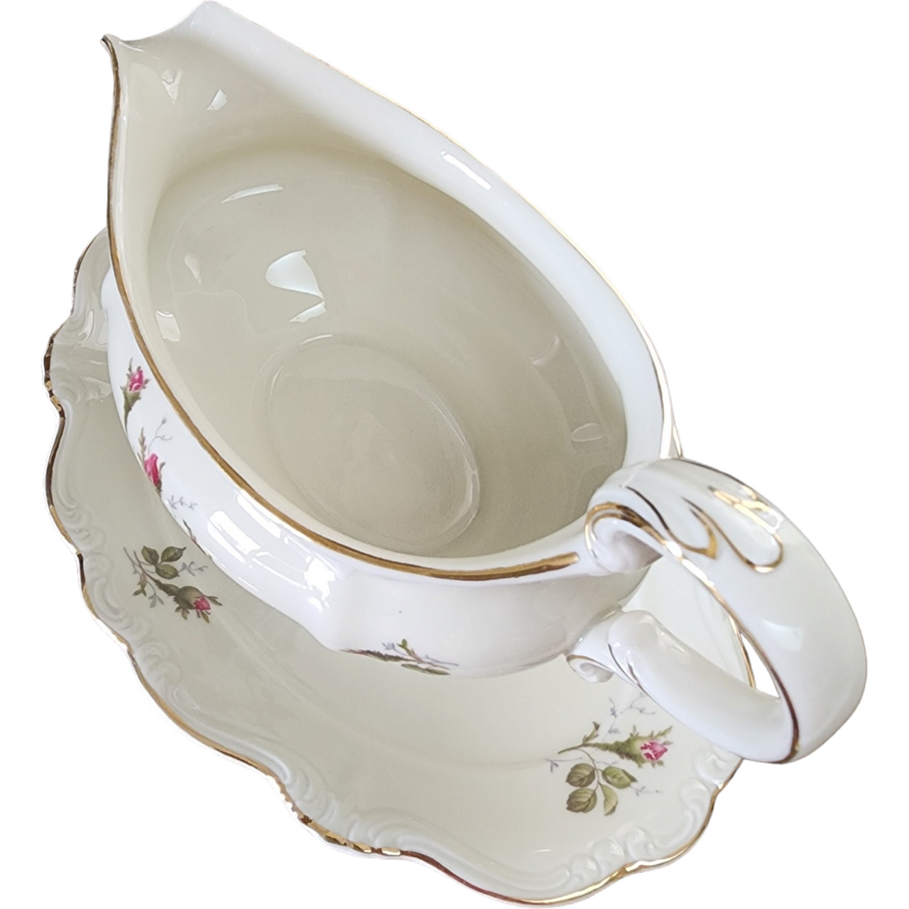 Rosenthal Pompadour Ivory Moss Rose Gravy Boat with Attached Underplate