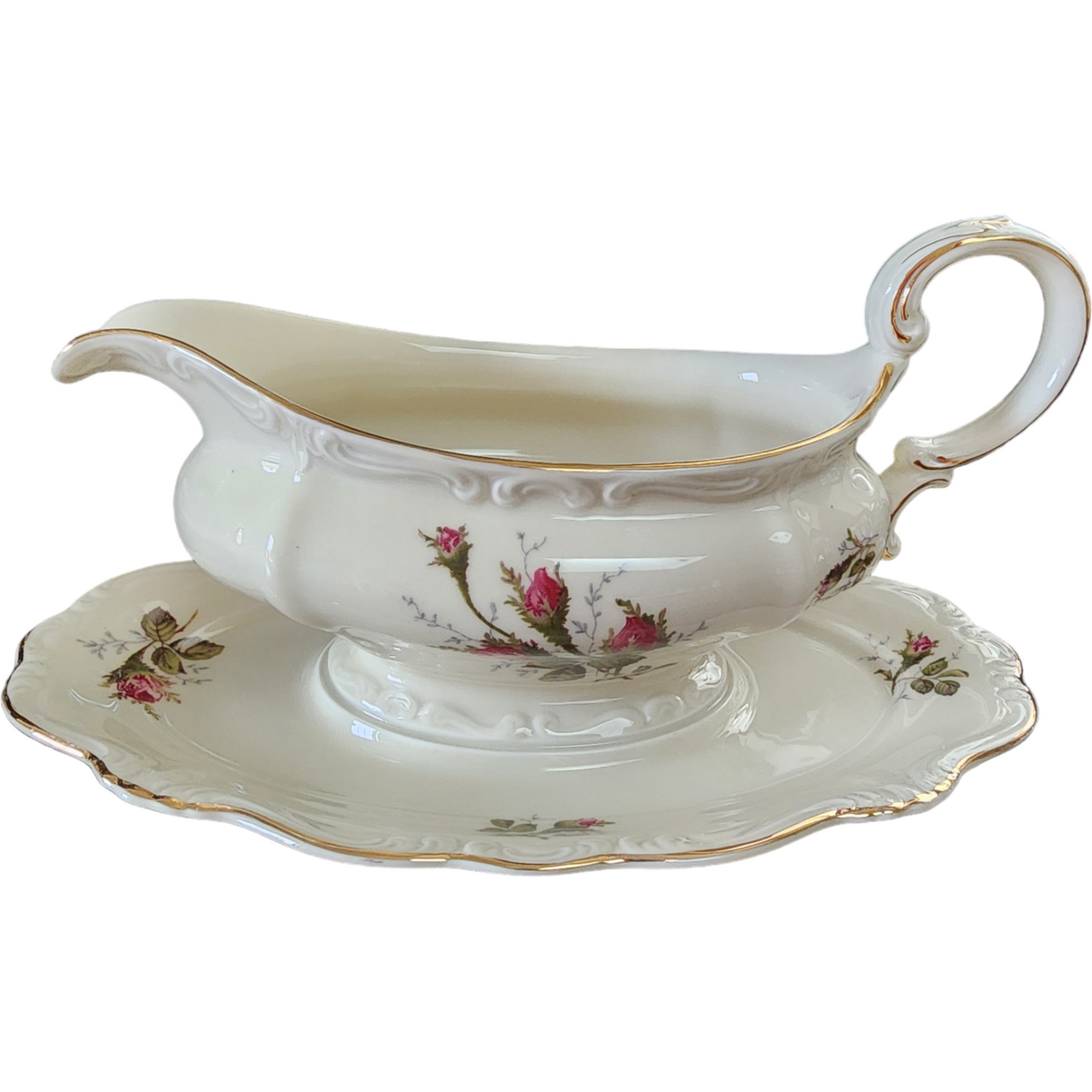 Rosenthal Pompadour Ivory Moss Rose Gravy Boat with Attached Underplate