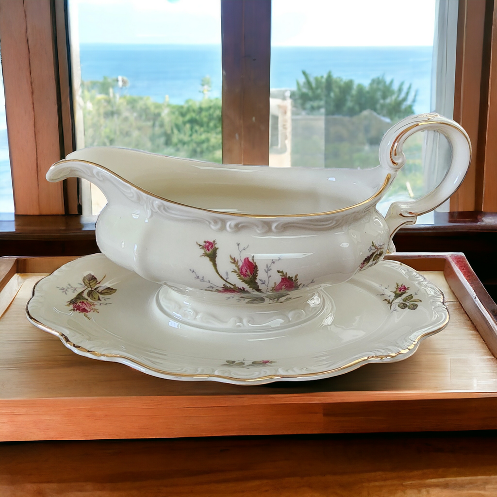 Rosenthal Pompadour Ivory Moss Rose Gravy Boat with Attached Underplate