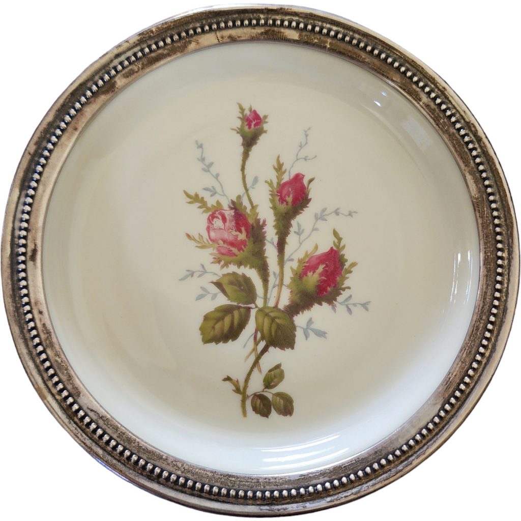 Rosenthal - Continental Pompadour Ivory Moss Rose Wine Bottle Coaster with Sterling Rim