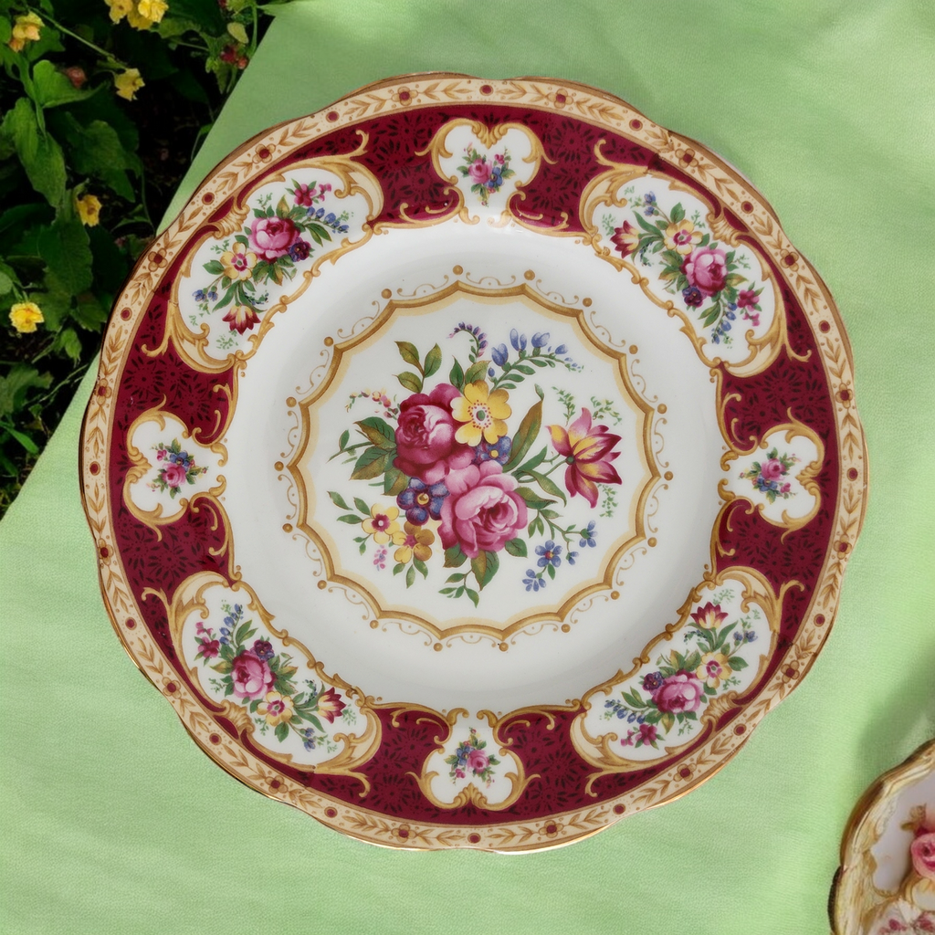 Royal Albert Lady Hamilton Bone China Plate Vintage England Red & Gold Floral with Roses 8.25