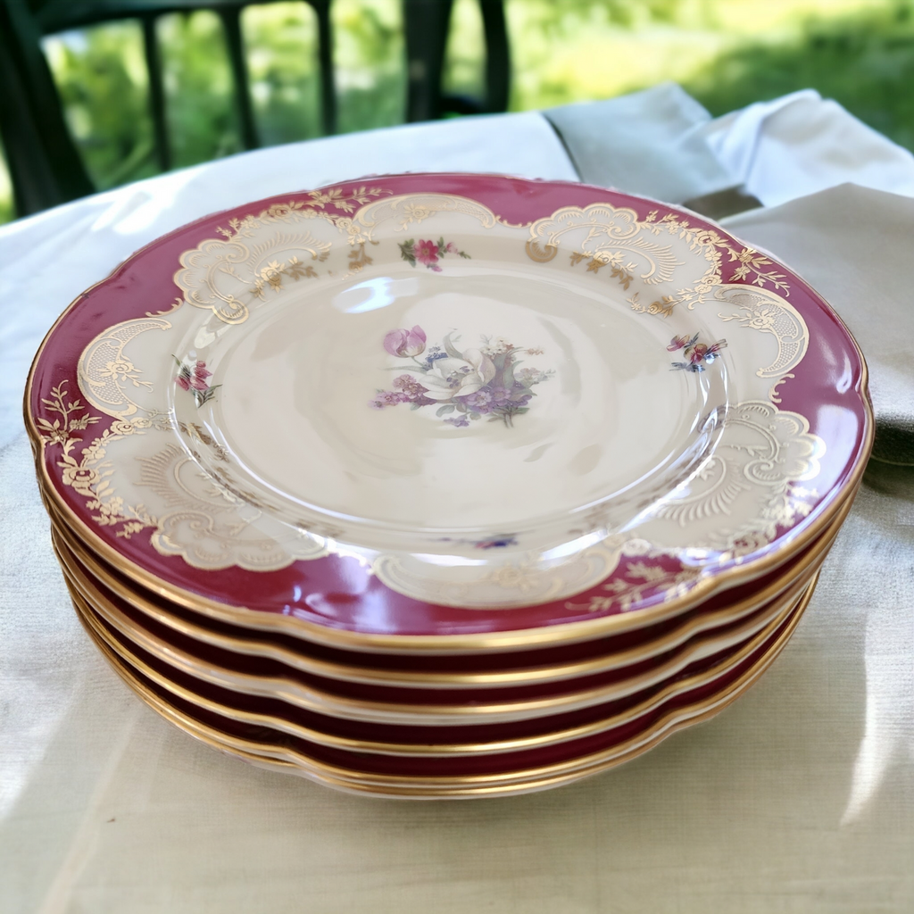 Royal Bayreuth Maroon Border Gold Scrolls Floral Salad Plate Set of 7