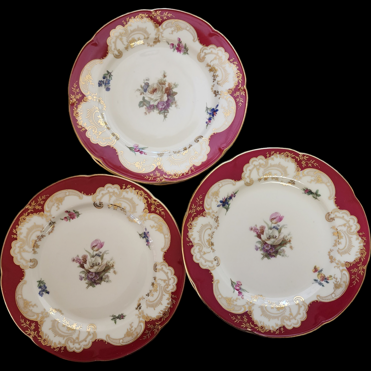 Royal Bayreuth Maroon Border Gold Scrolls Floral Salad Plate Set of 7
