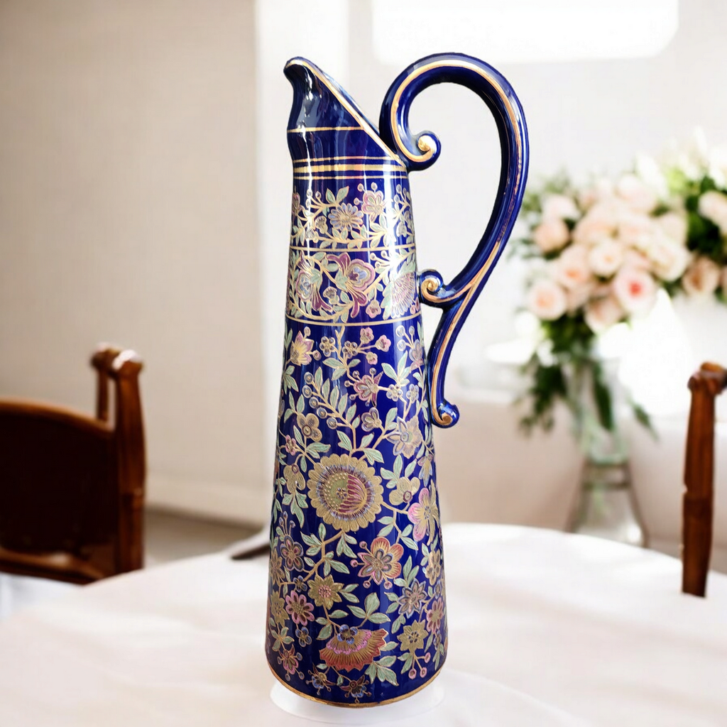 Royal Doulton Cobalt Blue Glaze Floral Pattern Accented with Gold Pitcher