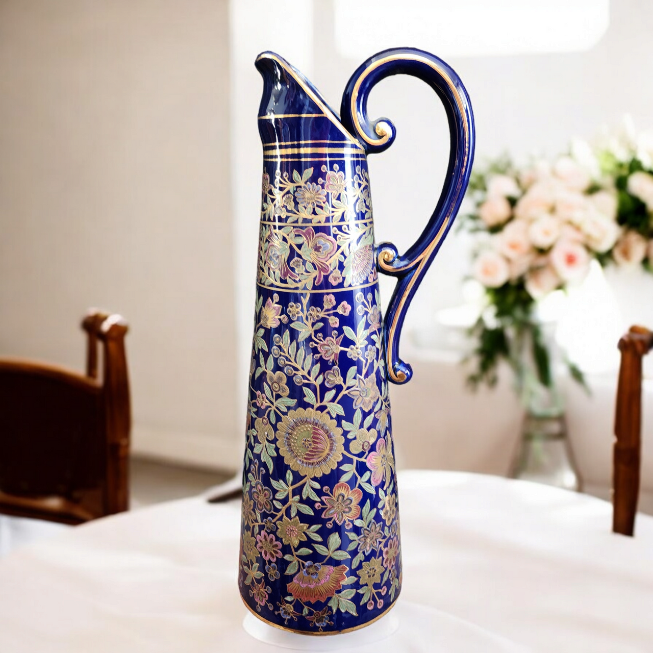Royal Doulton Cobalt Blue Glaze Floral Pattern Accented with Gold Pitcher