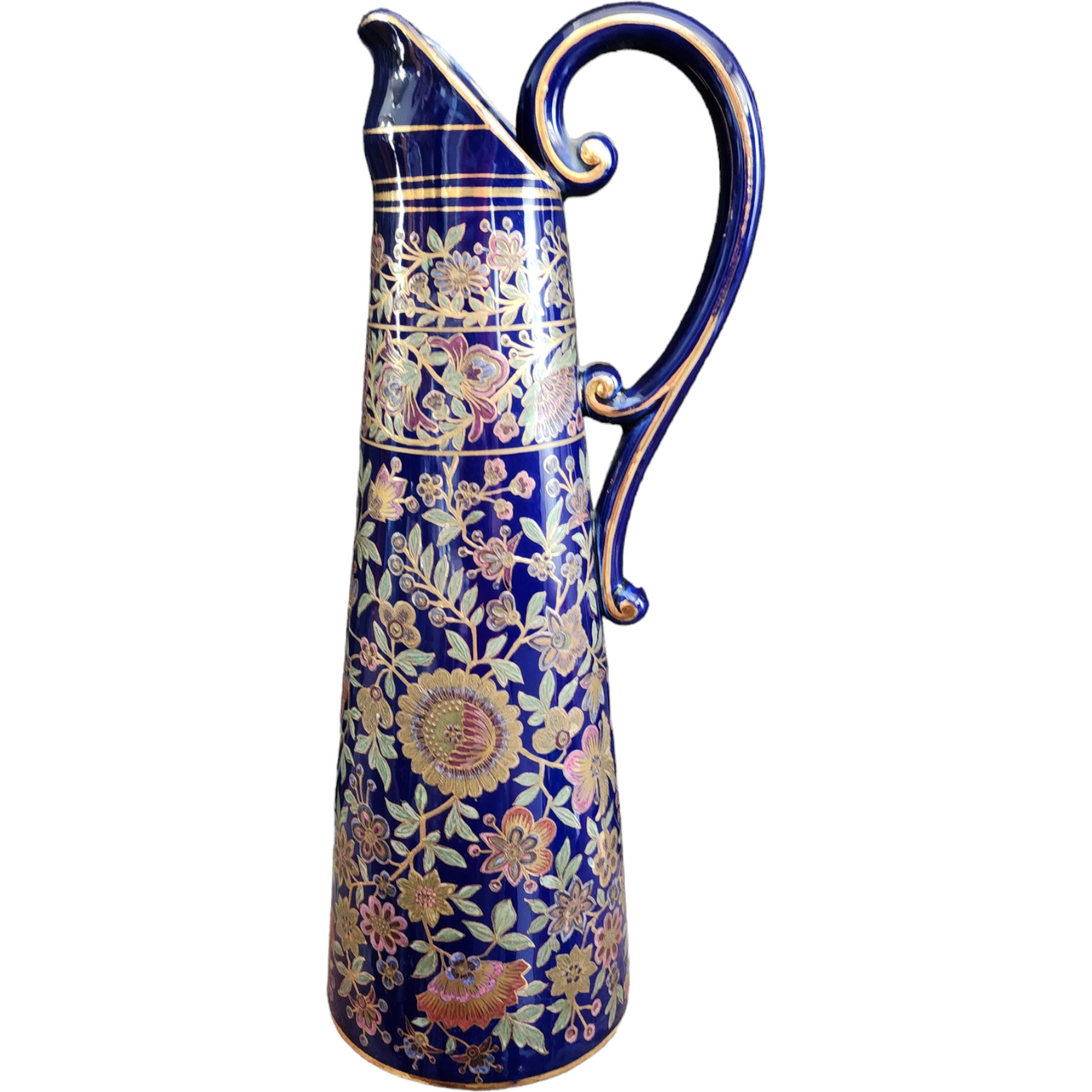 Royal Doulton Cobalt Blue Glaze Floral Pattern Accented with Gold Pitcher