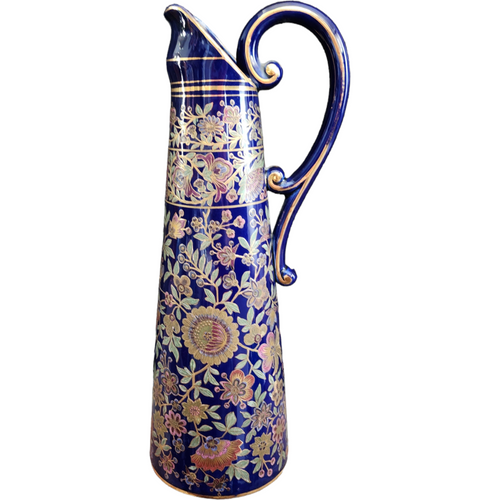 Royal Doulton Cobalt Blue Glaze Floral Pattern Accented with Gold Pitcher