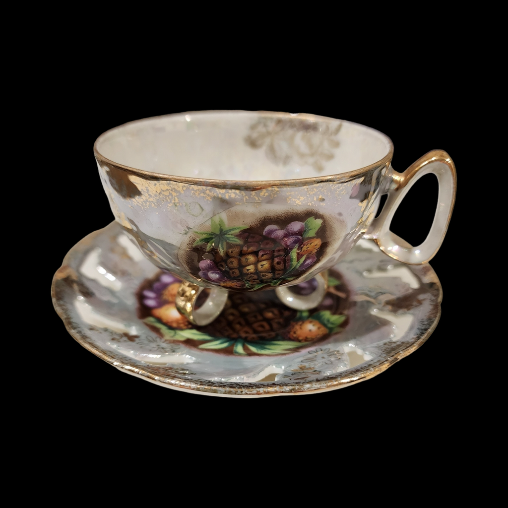 Royal Halsey Pierced Fruits Gold Flowers Trim Footed Cup & Saucer Set